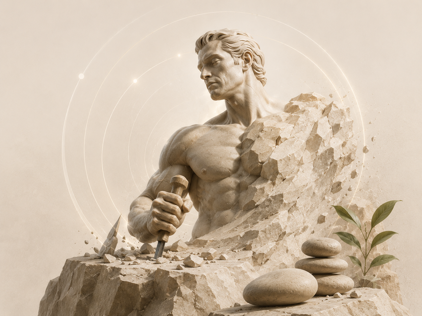 A sculptor carving his own form out of stone — the Project Carve philosophy