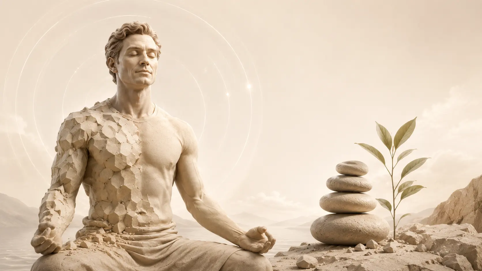 A calm stone figure meditating beside balanced stones and a growing plant